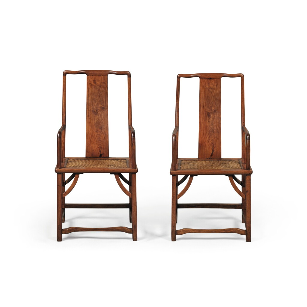 View full screen - View 1 of Lot 51. A very rare pair of 'huanghuali' 'Southern Official's Hat' armchairs (Nanguanmaoyi), Qing dynasty, Kangxi period .