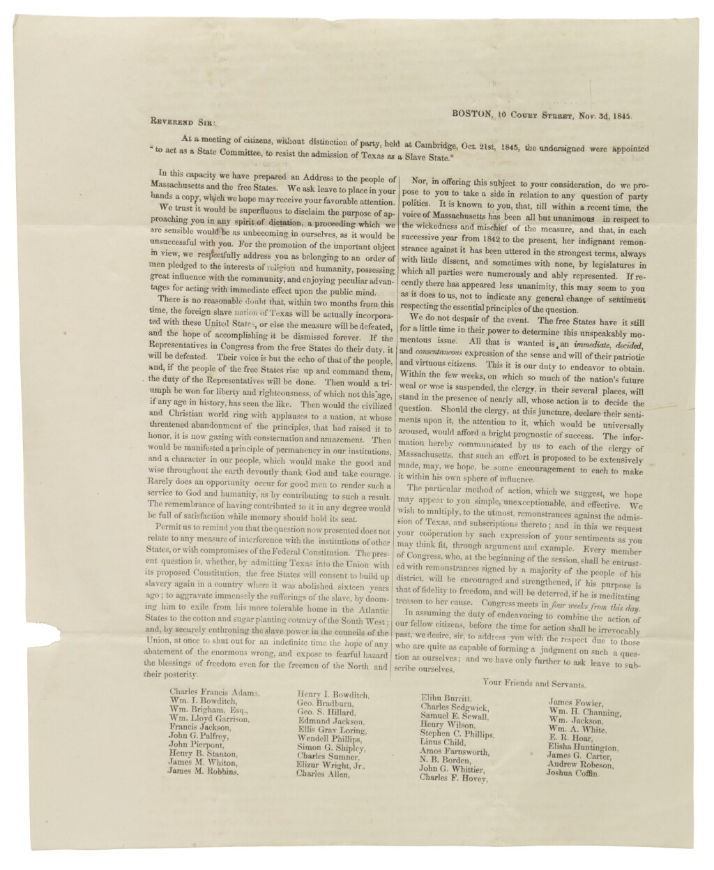 View full screen - View 1 of Lot 92. (TEXAS) | A broadside circular announcing formation of a Massachusetts State Committee to resist the admission of Texas as a Slave State. Boston, 10 Court Street: 3 November 1845.