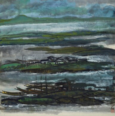 View full screen - View 1 of Lot 3025. 林風眠 江畔人家 | Lin Fengmian, Houses by the River.