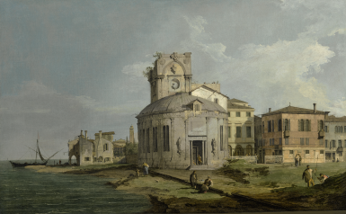 View full screen - View 1 of Lot 68. GIOVANNI ANTONIO CANAL, CALLED CANALETTO | A VENETIAN CAPRICCIO VIEW OF AN OVAL CHURCH BESIDE THE LAGOON.