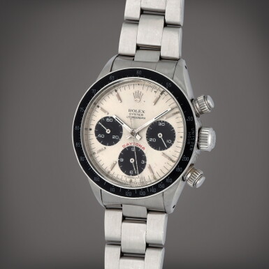 View full screen - View 1 of Lot 331. Daytona 'Big Red', Reference 6263 | A stainless steel chronograph wristwatch with bracelet | Circa 1979.