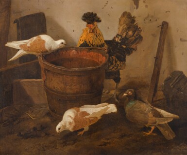 View full screen - View 1 of Lot 214. JACOMO VICTORS | THREE PIGEONS AND A ROOSTER BY A PAIL OF WATER.