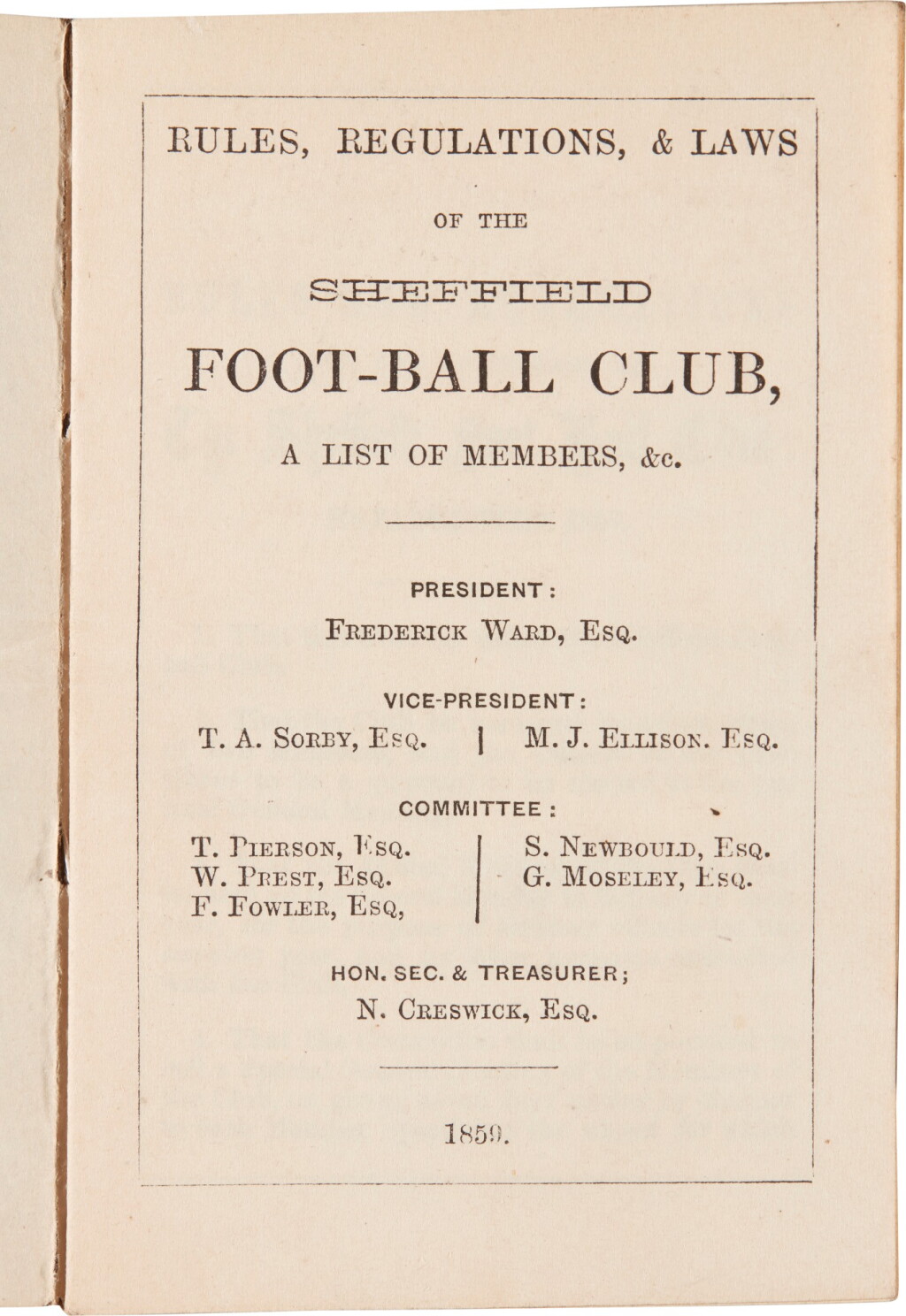 View full screen - View 1 of Lot 141. Sheffield Football Club | Rules, Regulations, & Laws, 1859, EARLIEST RULES OF THE FIRST FOOTBALL CLUB.