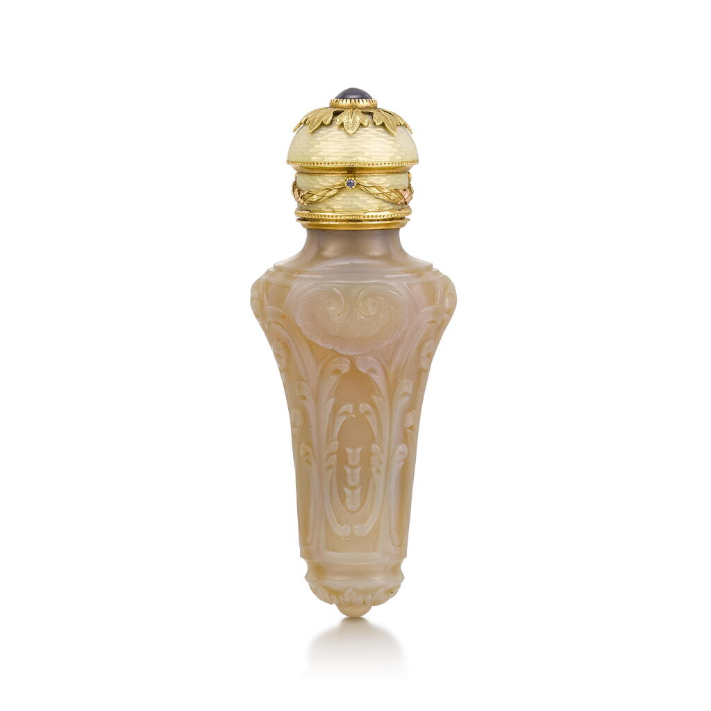 View full screen - View 1 of Lot 1011. A Fabergé Imperial Presentation jewelled, varicolour gold-mounted hardstone and guilloché enamel bottle, workmaster Mikhail Perkhin, St Petersburg, circa 1897.