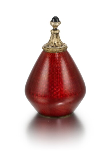 View full screen - View 1 of Lot 38. A Fabergé silver-gilt mounted and guilloché enamel gum pot, workmaster Anders (Antti) Nevalainen, St Petersburg, 1908-1917.