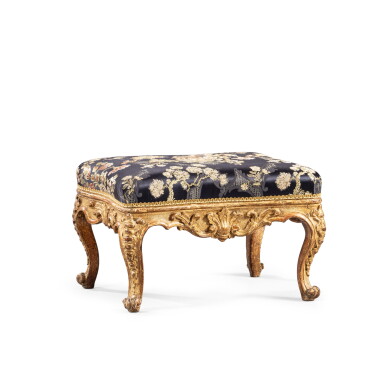View full screen - View 1 of Lot 128. A giltwood stool, probably Italy, mid 18th century | Tabouret en bois doré, travail probablement italien, milieu du XVIIIe siècle.