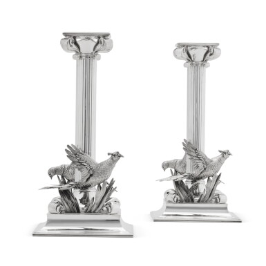 View full screen - View 1 of Lot 42. A pair of silver gamebird candlesticks, Theo Fennell, London, 1997.