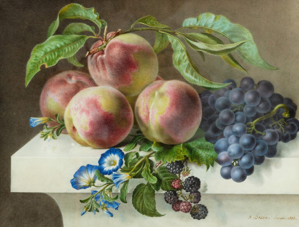 View full screen - View 1 of Lot 47. Fruits and flowers on a ledge | Fruits et fleurs sur un entablement.