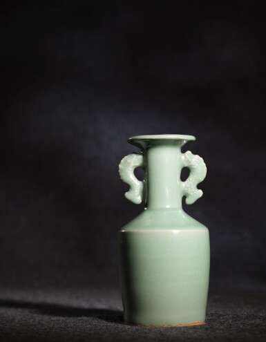 View full screen - View 1 of Lot 45. A Longquan celadon mallet vase, Song - Yuan dynasty | 宋至元 龍泉青釉魚龍耳盤口瓶.