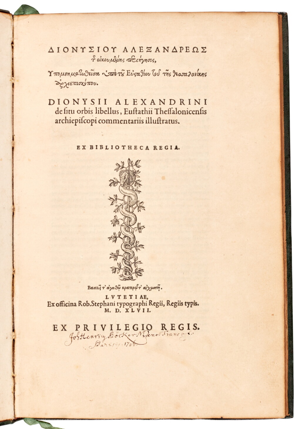View full screen - View 1 of Lot 60. Dionysius Periegetes, De situ orbis libellus, Paris, 1547, later green calf, Curterius-Yemeniz copy.