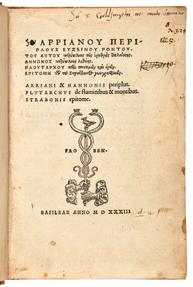 View full screen - View 1 of Lot 153. Arrianus and Hanno, Periplus, Basel, 1533, later marbled boards, annotated.