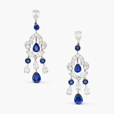 View full screen - View 1 of Lot 466. Pair of Sapphire and Diamond Earclips .