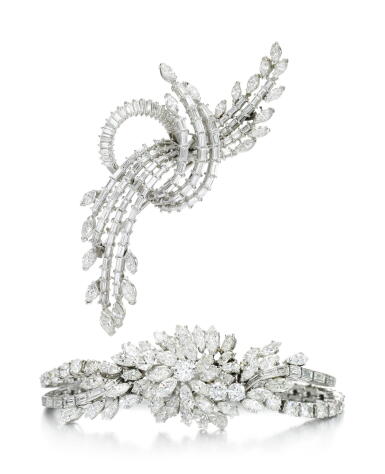 View full screen - View 1 of Lot 4. DIAMOND BRACELET AND DIAMOND BROOCH, 1960S.