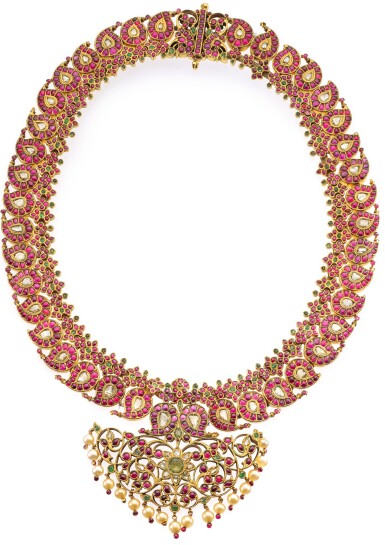 View full screen - View 1 of Lot 242. A DIAMOND, RUBY AND EMERALD-SET GOLD MANGA MALAI NECKLACE, INDIA, TAMIL NADU, 19TH CENTURY.