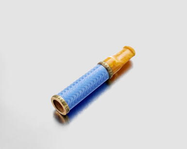 View full screen - View 1 of Lot 423. A Fabergé Two-Color Gold-Mounted Guilloché Enamel Cigarette Holder, Workmaster Feodor Afanasiev, St Petersburg, circa 1895.