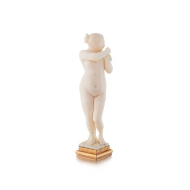 View full screen - View 1 of Lot 1156. A French carved ivory gold seal with a naked Woman holding a dove, Late 19th century.
