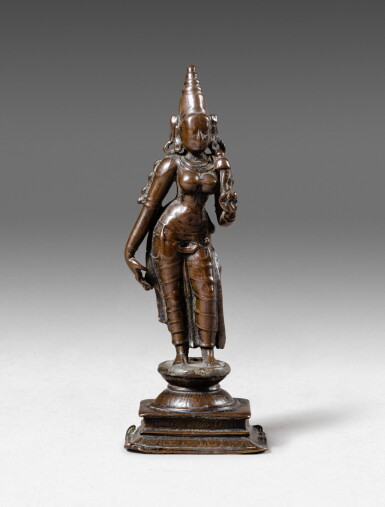 View full screen - View 1 of Lot 112. A copper-alloy figure of Shri Lakshmi South India, ca. 14th century | 印度南 約十四世紀 合金銅吉祥天女立像.