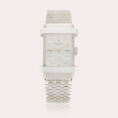 View full screen - View 1 of Lot 407. Reference 1450 ‘Top Hat’ | A platinum and diamond-set bracelet watch, Made in 1948.