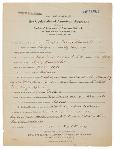 View full screen - View 1 of Lot 1068. Roosevelt, Franklin D. | FDR declines to answer a question about his late father-in-law.