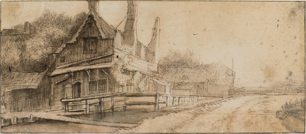View full screen - View 1 of Lot 155. Landscape with a house and farm buildings by a canal.