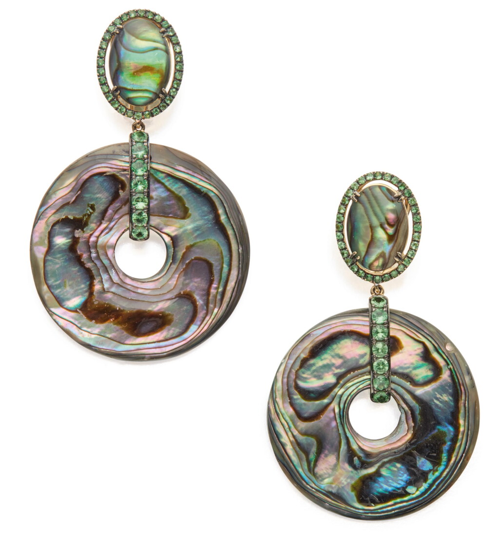View full screen - View 1 of Lot 369. PAIR OF ABALONE SHELL AND TSAVORITE GARNET 'INNATE' EARCLIPS, GOSHWARA.