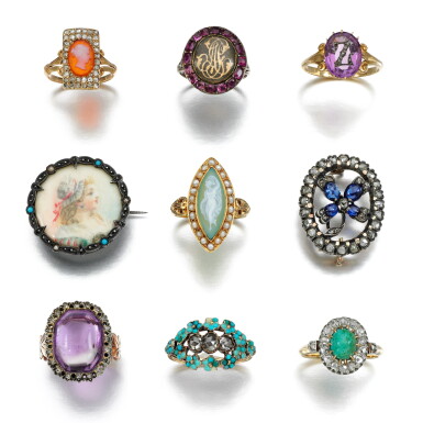 View full screen - View 1 of Lot 184. Seven rings and two brooches, 19th century.