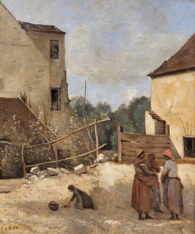 View full screen - View 1 of Lot 33. Trois paysannes causant dans une cour rustique.
