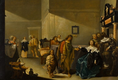 View full screen - View 1 of Lot 123. Interior with elegantly-dressed figures and a fortune teller with her retinue.