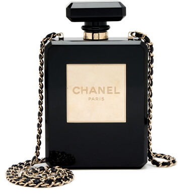 View full screen - View 1 of Lot 70. Black Acrylic and Gold Plexiglass No. 5 Perfume Bottle Minaudière Gold Hardware, 2013-2014.
