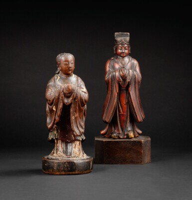 View full screen - View 1 of Lot 211. Two lacquered wood figures of Daoist immortals Ming-Qing dynasties | 明至清 漆木雕神仙立像兩尊.