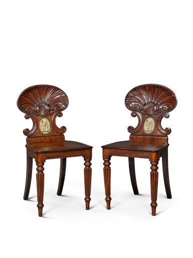 View full screen - View 1 of Lot 135. A pair of late Regency mahogany hall chairs, circa 1825, attributed to Gillows.