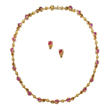 View full screen - View 1 of Lot 209. Gold, Synthetic Pink Sapphire and Citrine 'Cardan' Necklace and Pair of Earclips.