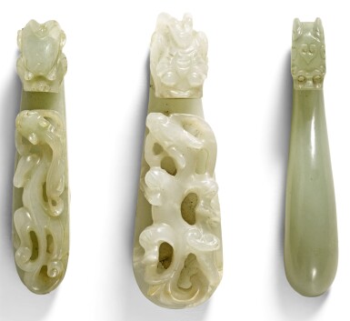 View full screen - View 1 of Lot 375. THREE PALE CELADON JADE BELT HOOKS LATE QING DYNASTY | 晚清 青白玉龍紋帶鉤一組三件.