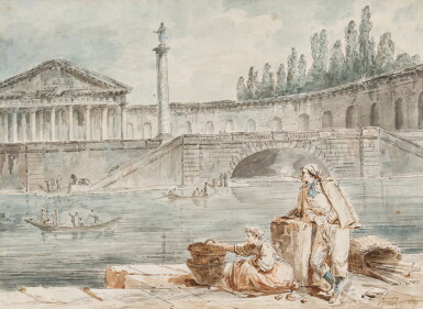 View full screen - View 1 of Lot 432. A man smoking a pipe and a woman with baskets looking out at rowing boats.