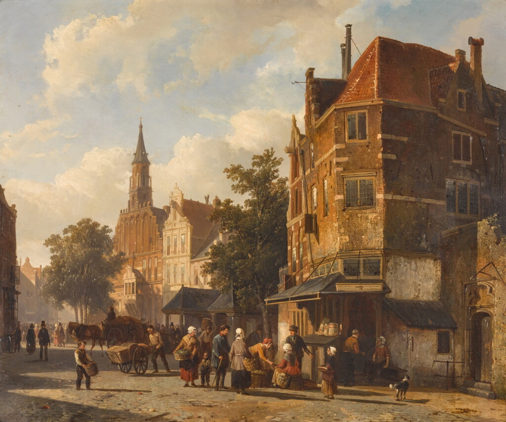 View full screen - View 1 of Lot 129. Shopkeepers in a Dutch city.