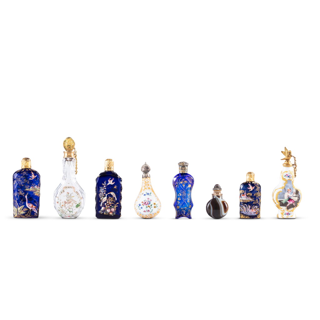 View full screen - View 1 of Lot 409. A group of eight enamel, glass and hardstone scent bottles with gold or silver-gilt mounts, English, mid 18th to early 19th century, among them examples by James Giles .