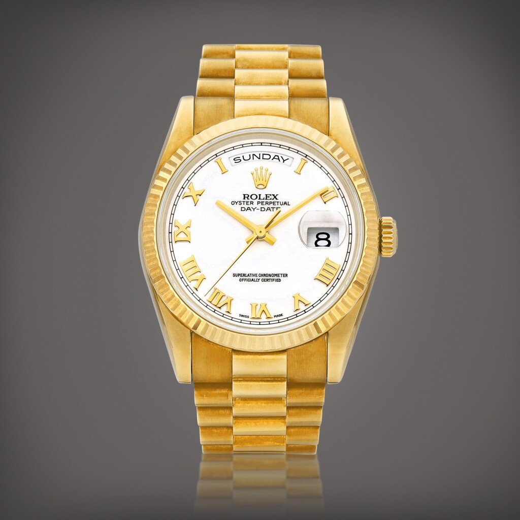 View full screen - View 1 of Lot 8744. Day-Date, Reference 118238 | A yellow gold wristwatch with date and bracelet, Circa 2000 | 勞力士 | Day-Date 型號118238 | 黃金鏈帶腕錶,備日期及星期顯示,約2000年製.