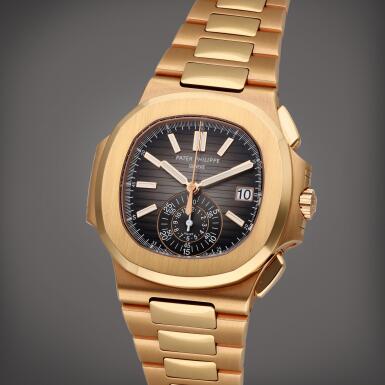 View full screen - View 1 of Lot 333. Reference 5980/1R-001 Nautilus | A pink gold automatic chronograph wristwatch with date and bracelet, Circa 2017.