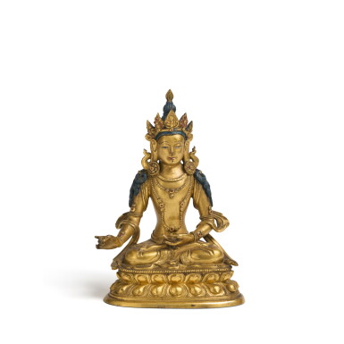 View full screen - View 1 of Lot 1100. An inscribed gilt-bronze figure of crowned Buddha, China, Qing dynasty, 18th century.