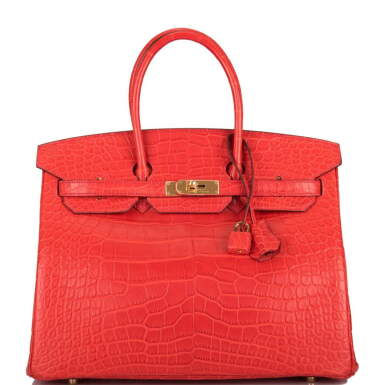 View full screen - View 1 of Lot 190. Hermès Geranium Birkin 35cm of Matte Mississippiensis Alligator with Gold Hardware.