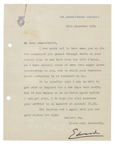 View full screen - View 1 of Lot 34. Edward, Duke of Windsor | Five letters signed, to Viscount Beaverbrook, 1939-48.