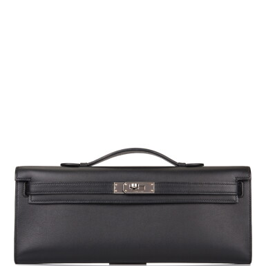 View full screen - View 1 of Lot 57. HERMÈS | BLACK KELLY CUT OF SWIFT LEATHER WITH PALLADIUM HARDWARE.