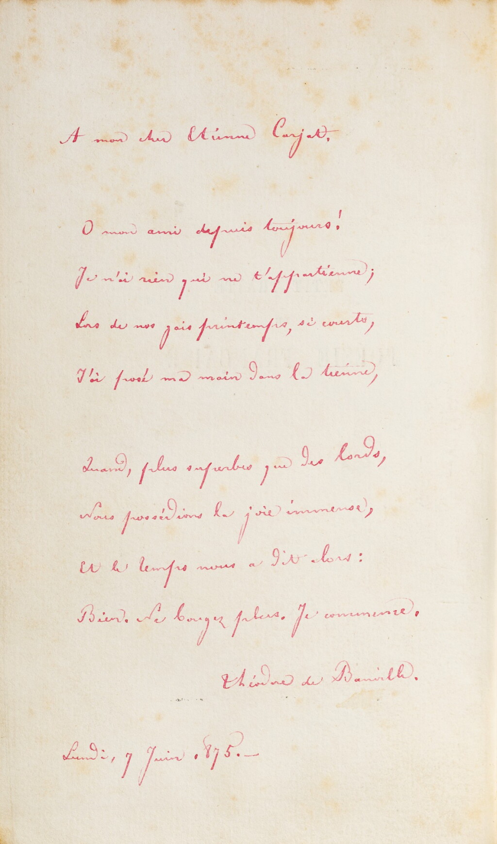 View full screen - View 1 of Lot 59. Petit traité de poésie française. 1872. Demi-maroquin de l'époque. Exemplaire d'Étienne Carjat.