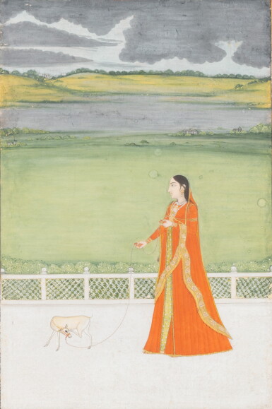 View full screen - View 1 of Lot 335. A young lady walking with a deer, India, Provincial Mughal, late 18th century.