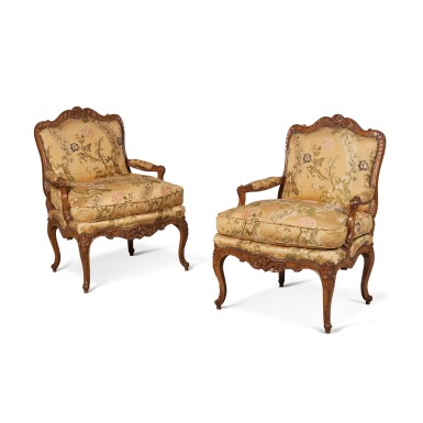 View full screen - View 1 of Lot 25. A Pair of Louis XV Beechwood Fauteuils, Circa 1740.