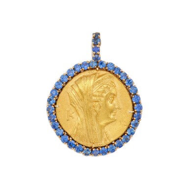 View full screen - View 1 of Lot 81. Ptolemaic Gold Coin and Sapphire Pendant | Verdura | 托勒密王朝金幣及藍寶石吊墜.