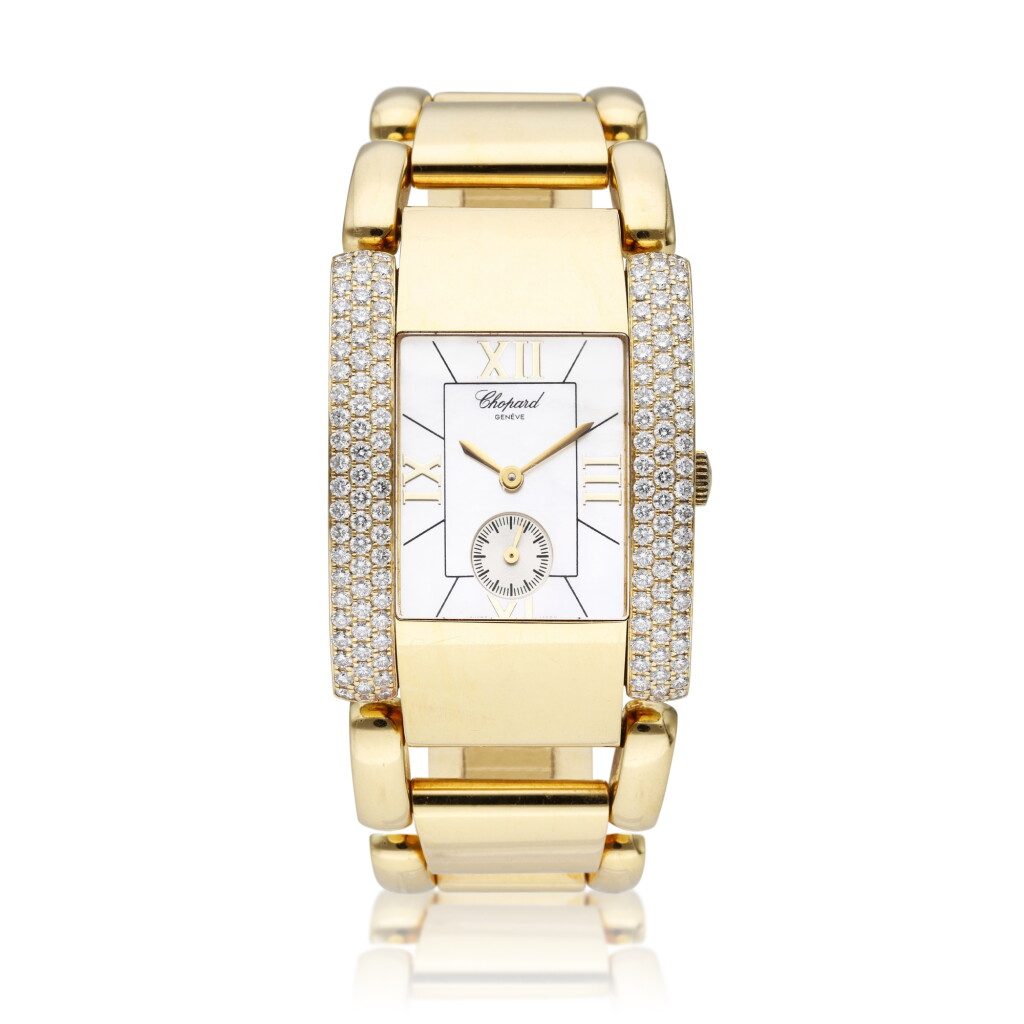 View full screen - View 1 of Lot 337. Reference 417092-0001 La Strada | A yellow gold and diamond-set rectangular wristwatch with bracelet and mother of pearl dial, Circa 2004.