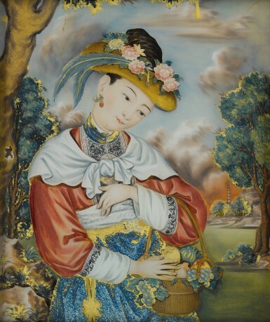 View full screen - View 1 of Lot 769. A reverse-painted 'lady' glass panel, Qing dynasty / Repuiblic period | 清 / 民國 美人圖鏡畫.