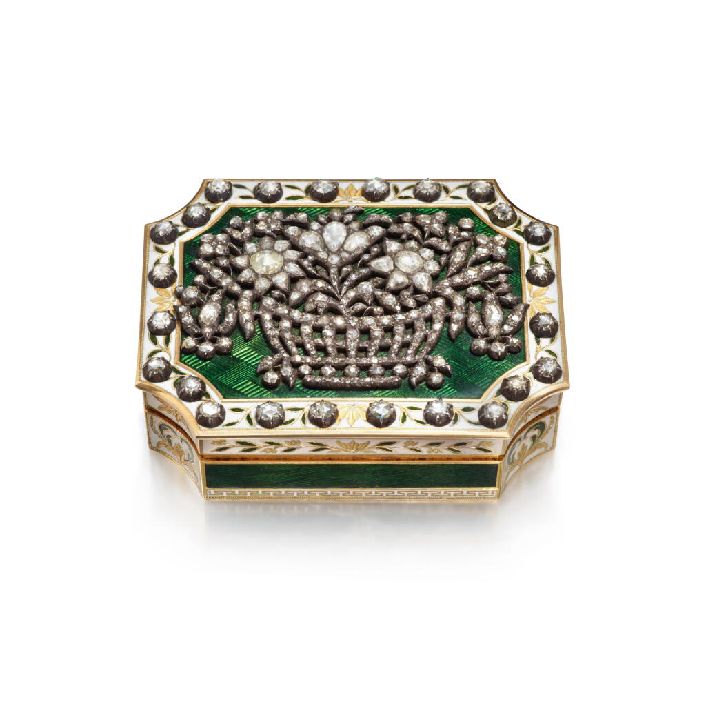 View full screen - View 1 of Lot 217. A Richly-Jewelled Gold and Enamel Snuff box, Olof Fredrik Wennerström, St Petersburg, Circa 1830.