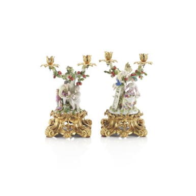 View full screen - View 1 of Lot 160. A pair of mid-18th century Meissen porcelain candelabra, with probably German gilt-bronze mounts, circa 1760.